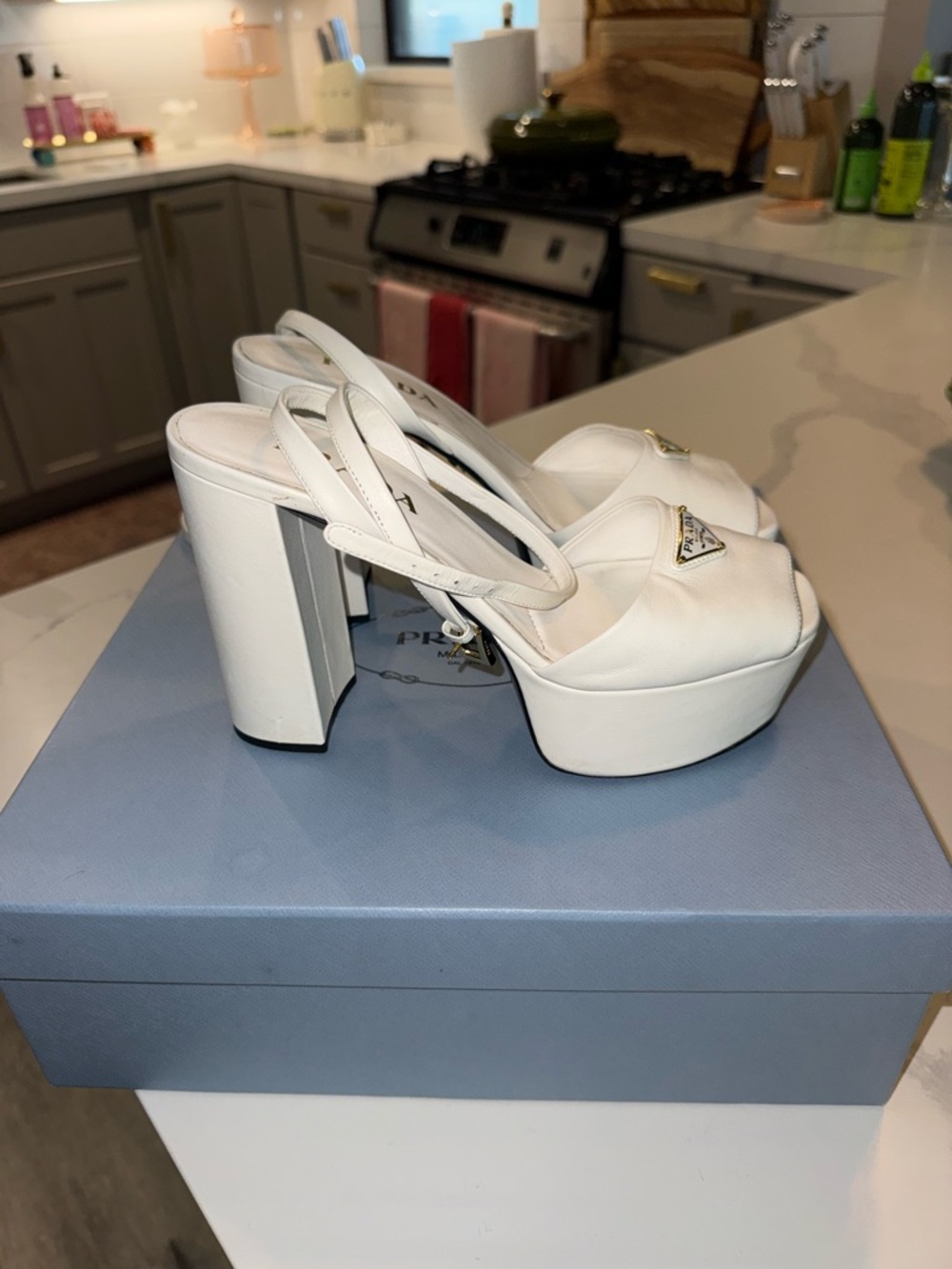 Prada White Leather Platform Block Heel Sandals with Gold Logo - Picture 4 of 12